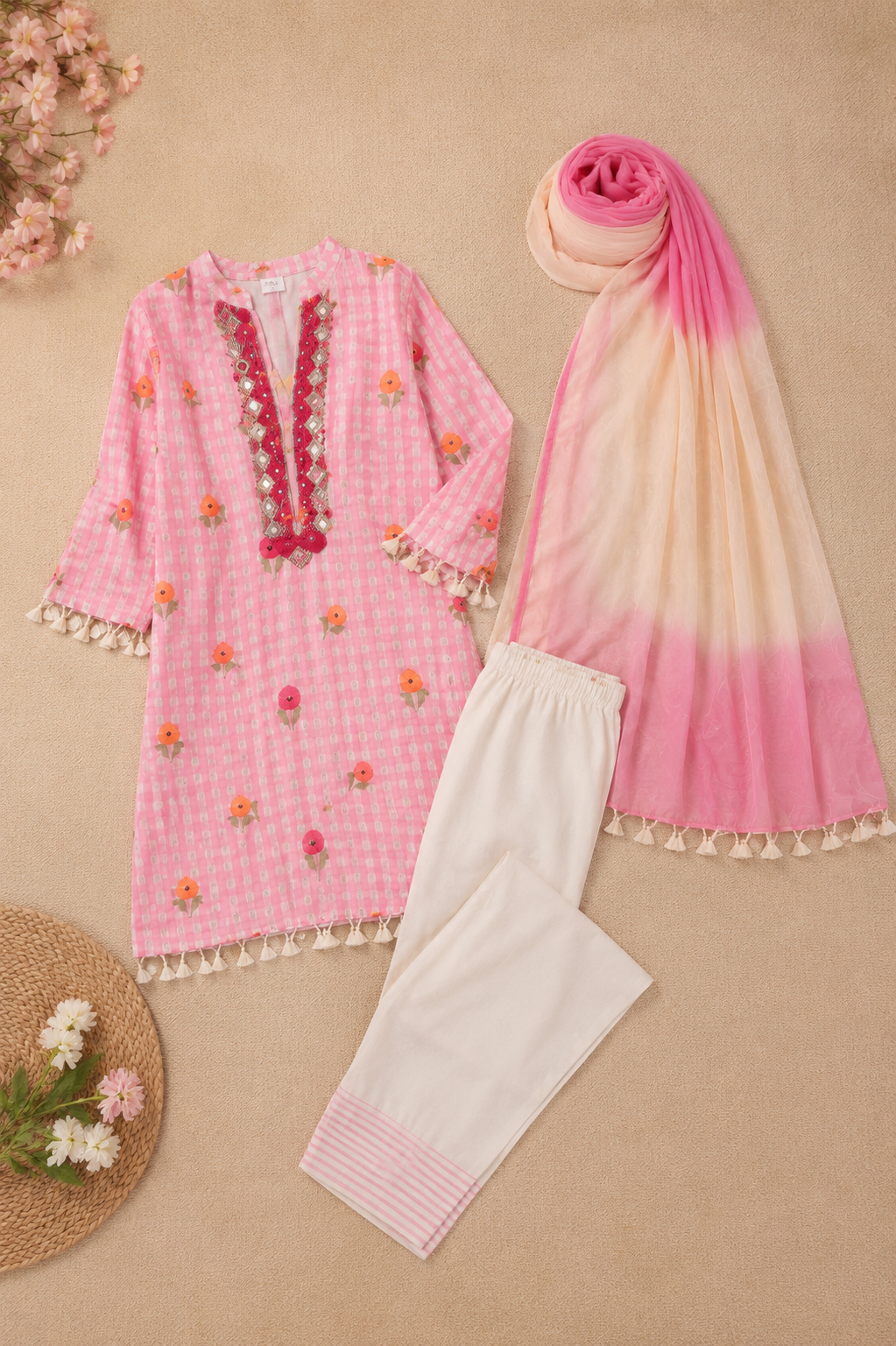 Pink Embroidered Cotton Kurta Set with Ombre Dupatta for Women