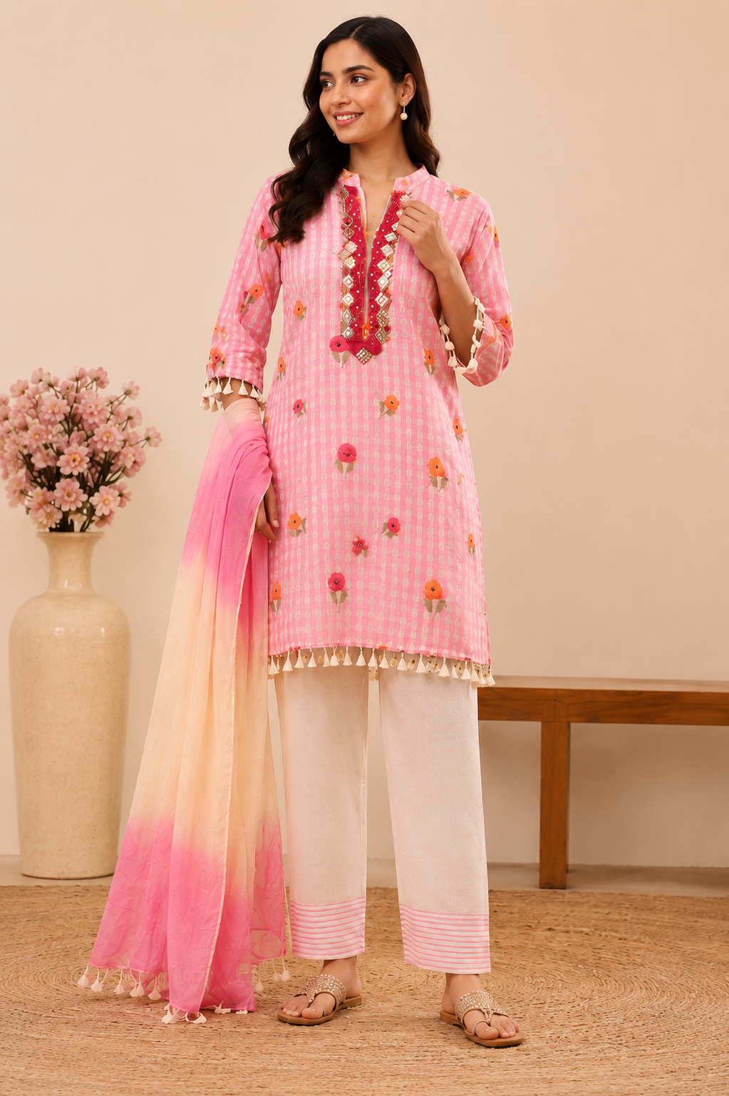 Pink Embroidered Cotton Kurta Set with Ombre Dupatta for Women