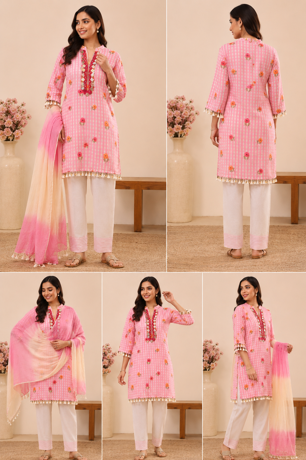 Pink Embroidered Cotton Kurta Set with Ombre Dupatta for Women
