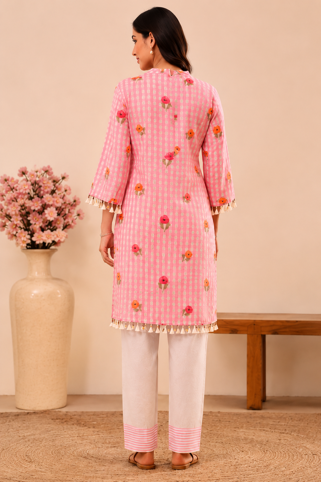 Pink Embroidered Cotton Kurta Set with Ombre Dupatta for Women