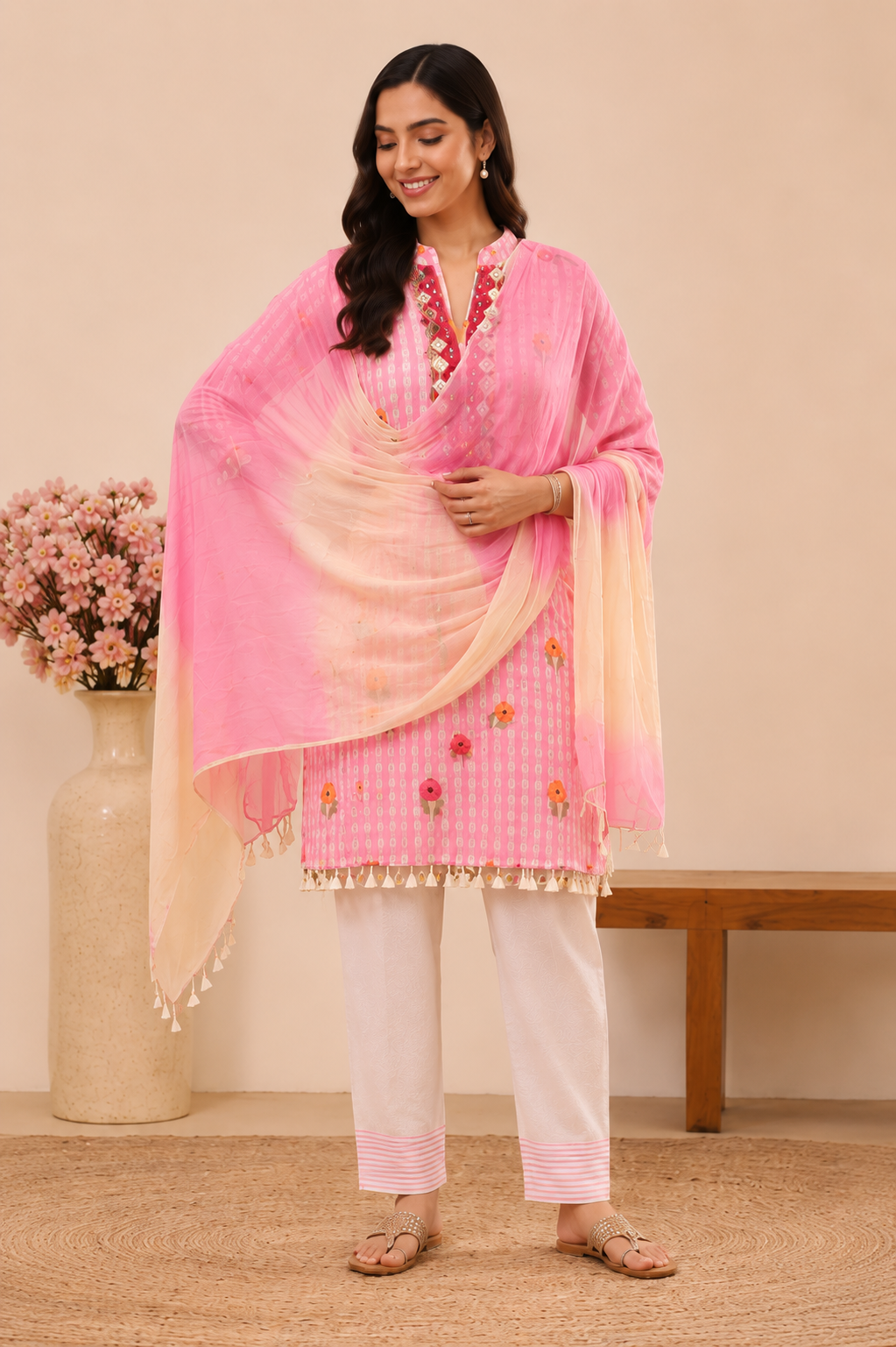 Pink Embroidered Cotton Kurta Set with Ombre Dupatta for Women