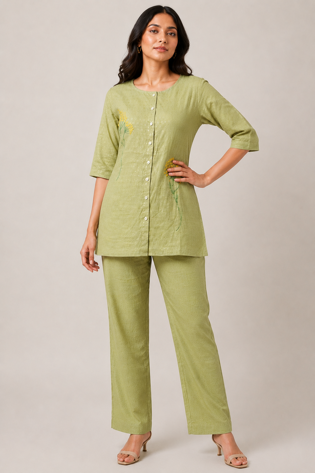 Sage Green Embroidered Cotton Co-ord Set