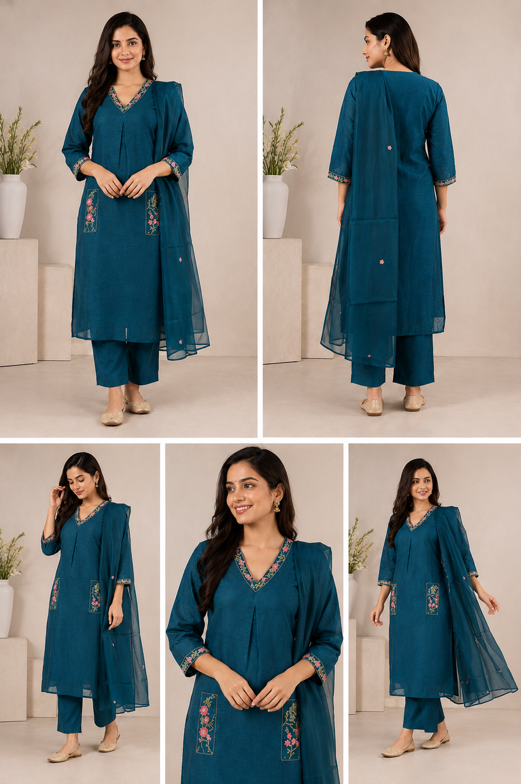 Teal Blue Embroidered Kurta Pant Set with Dupatta for Women