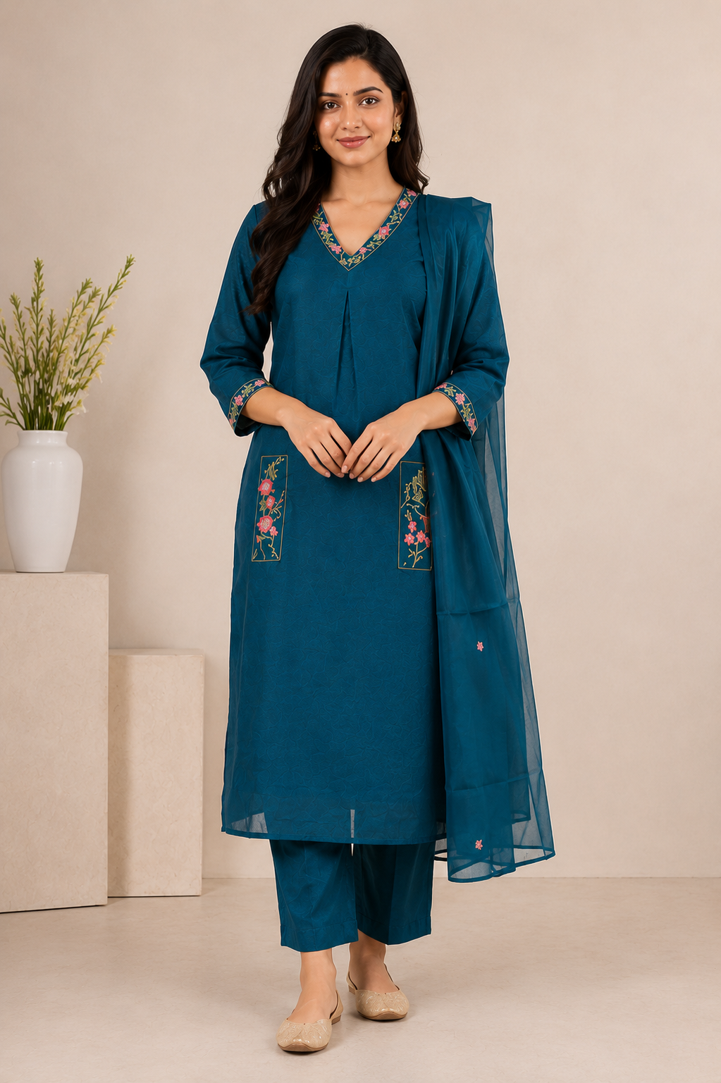 Teal Blue Embroidered Kurta Pant Set with Dupatta for Women