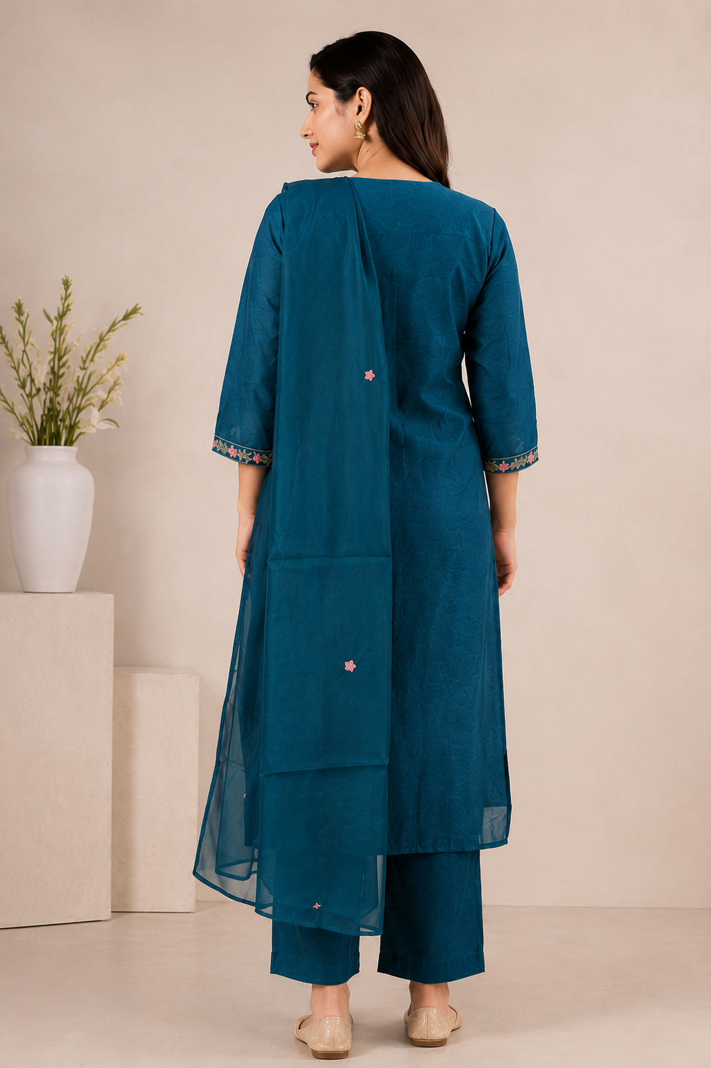 Teal Blue Embroidered Kurta Pant Set with Dupatta for Women