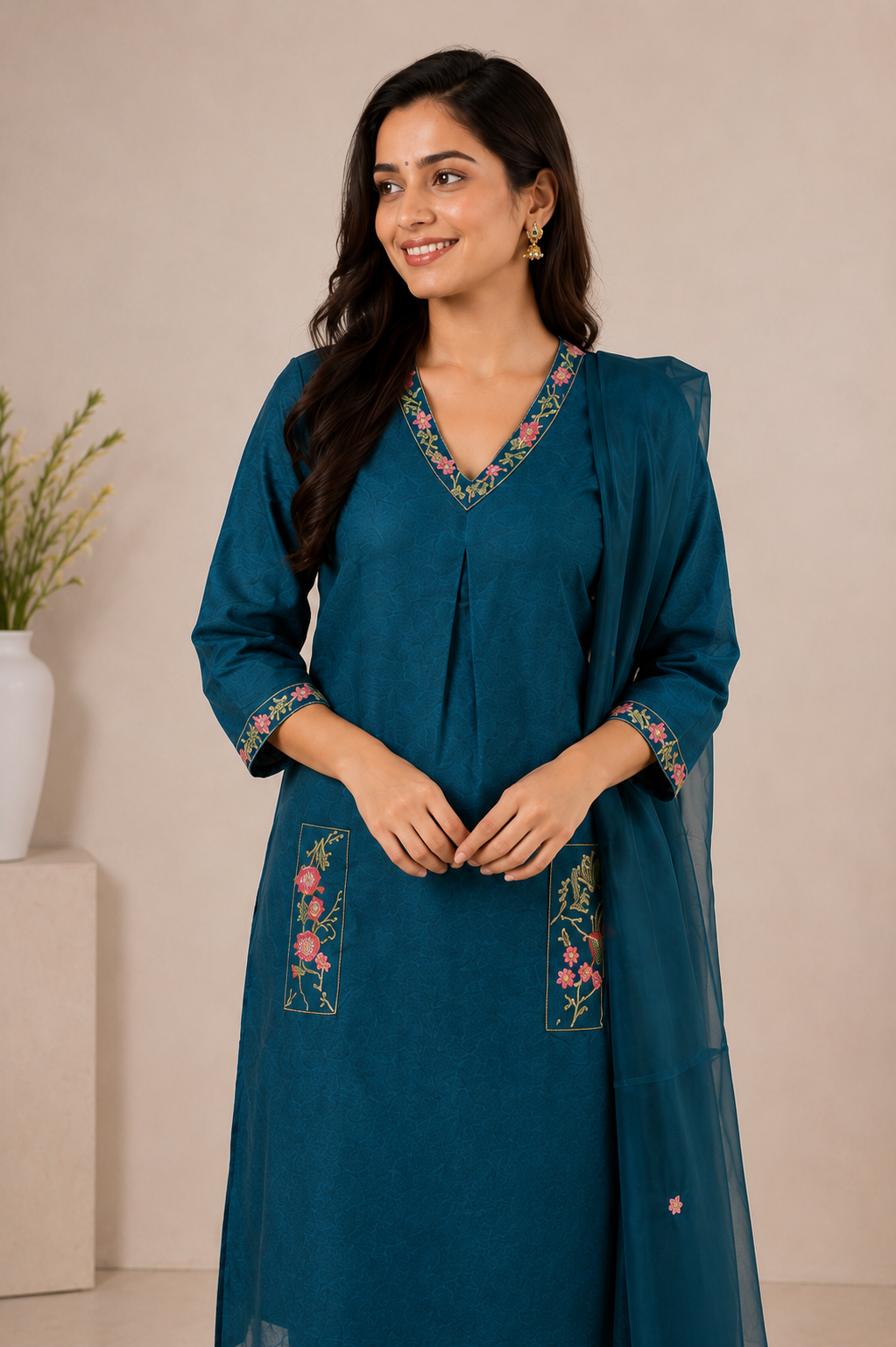 Teal Blue Embroidered Kurta Pant Set with Dupatta for Women