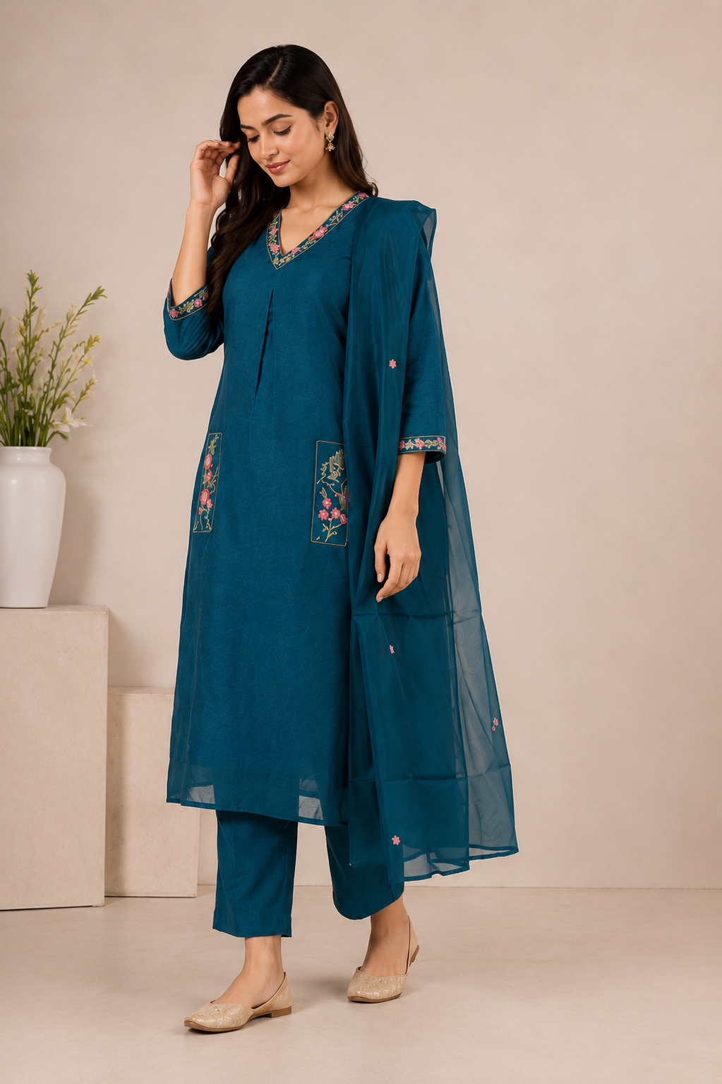 Teal Blue Embroidered Kurta Pant Set with Dupatta for Women
