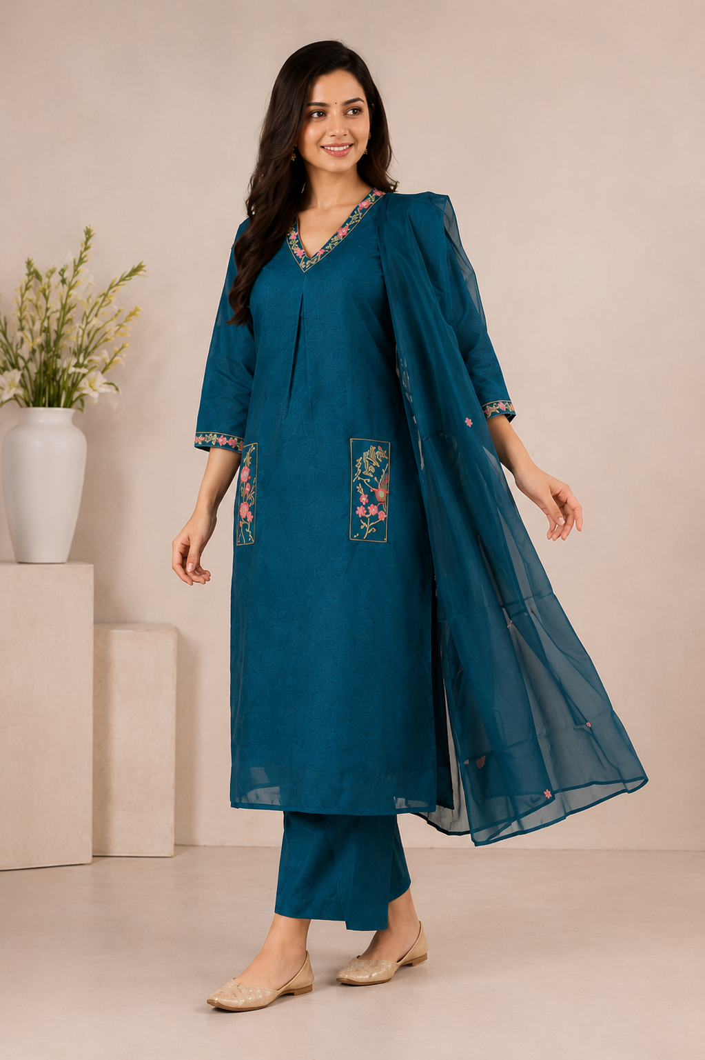 Teal Blue Embroidered Kurta Pant Set with Dupatta for Women