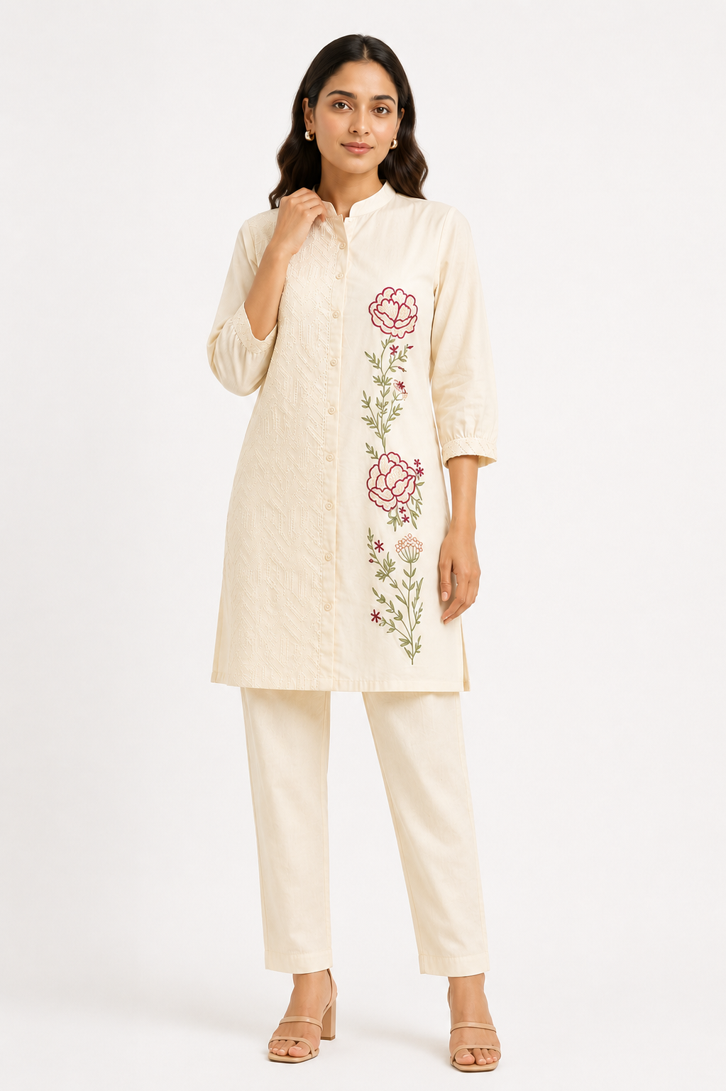 Ivory Floral Embroidered Cotton Co-ord Set