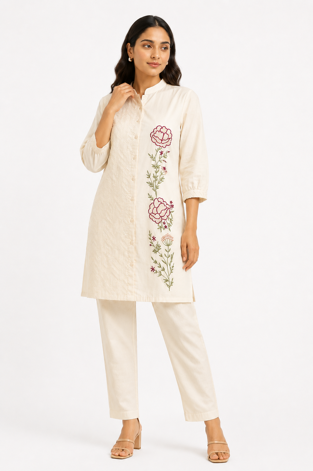 Ivory Floral Embroidered Cotton Co-ord Set