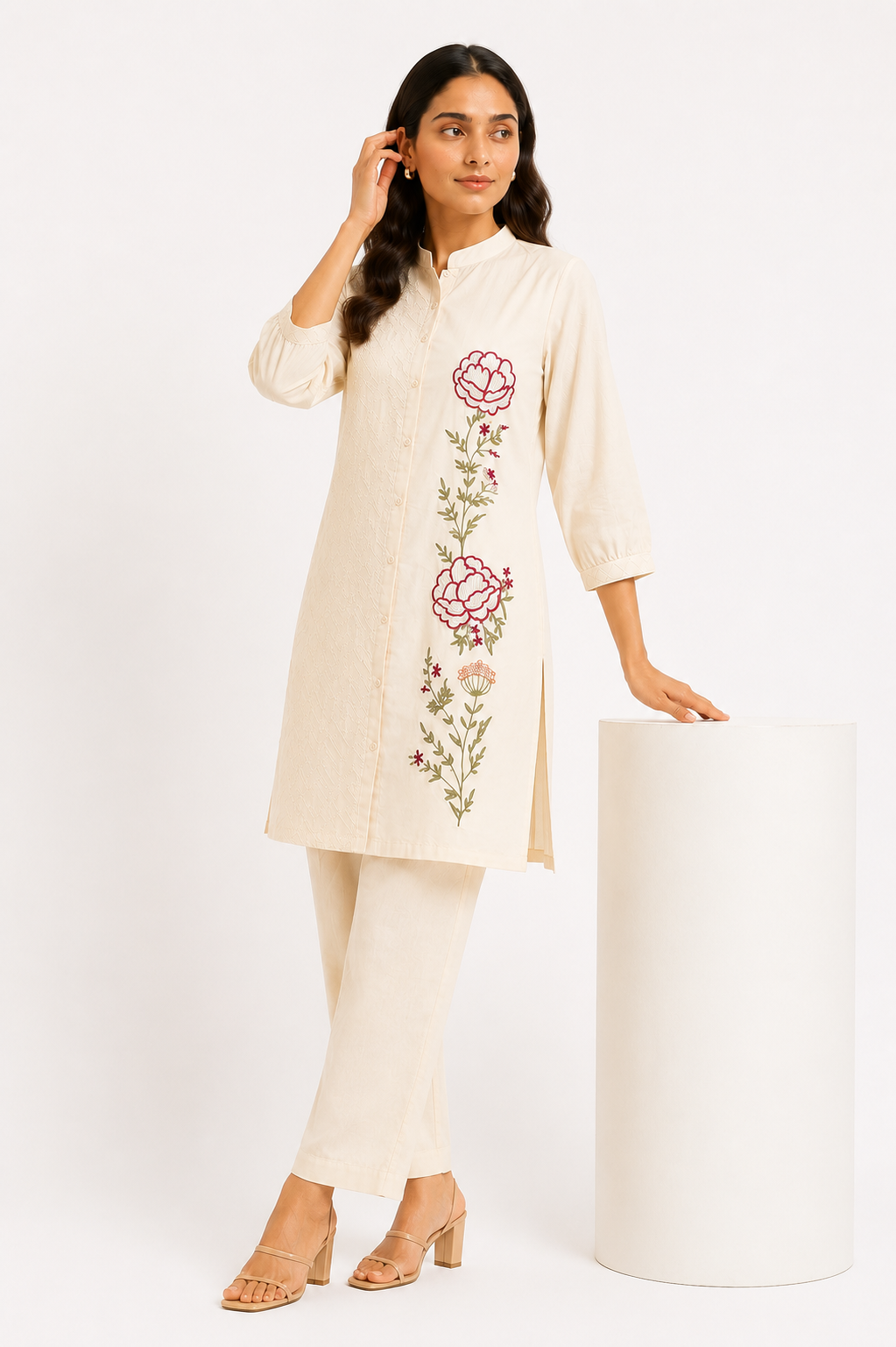 Ivory Floral Embroidered Cotton Co-ord Set