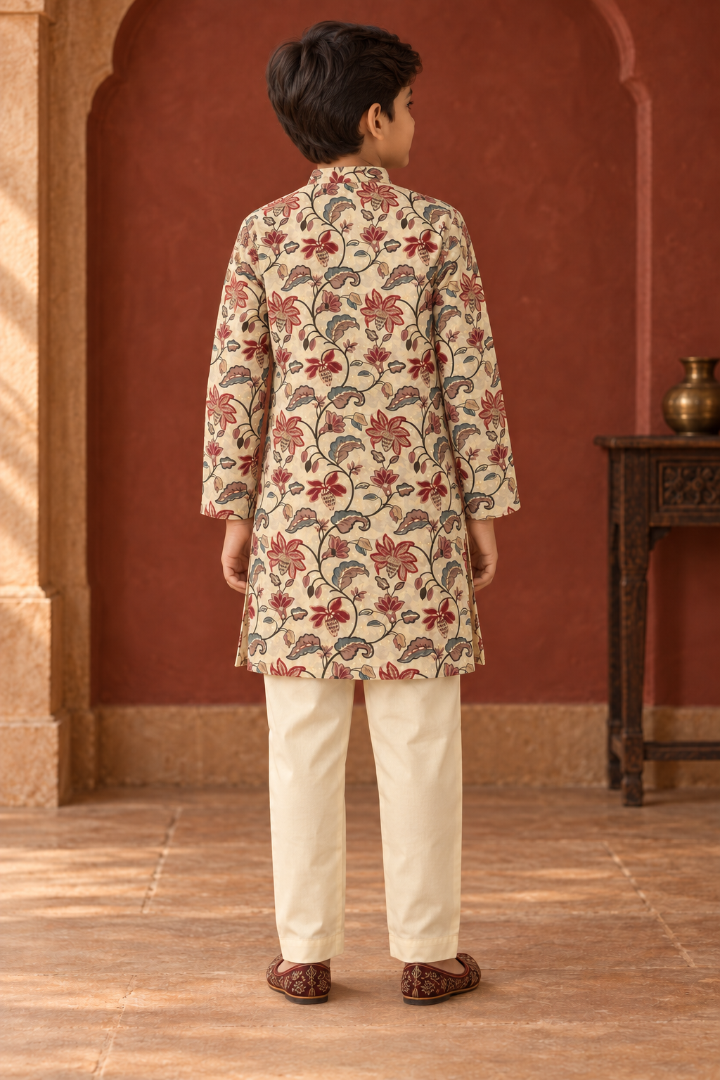 Beige Floral Cotton Kurta Pyjama Set