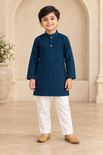 Navy Blue Cotton Kurta Pyjama Set