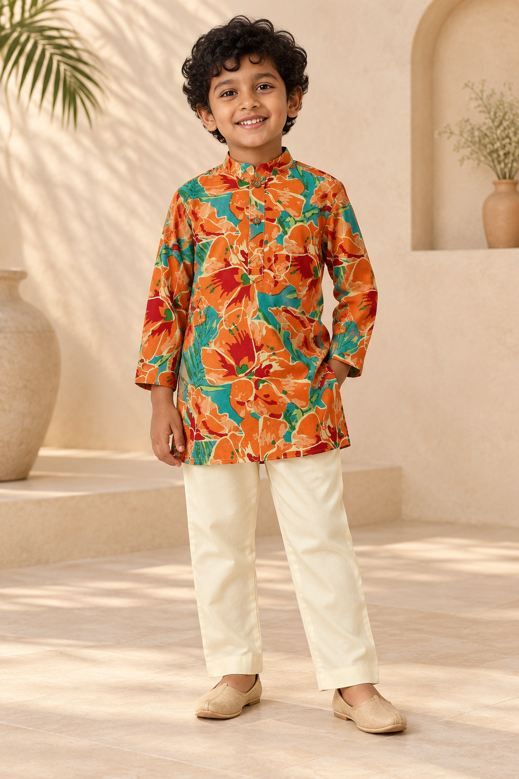 Orange Floral Cotton Kurta Pyjama Set