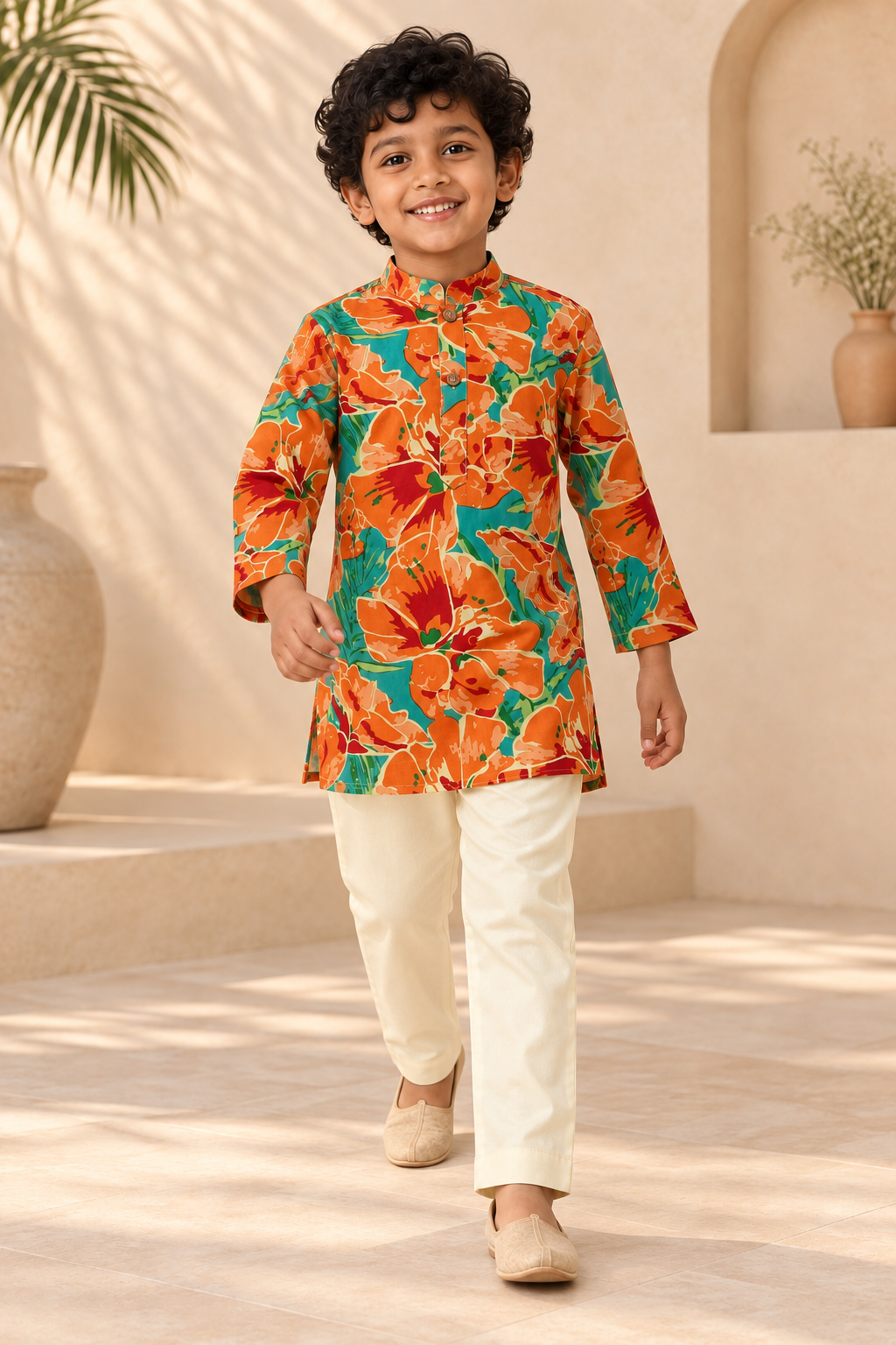 Orange Floral Cotton Kurta Pyjama Set
