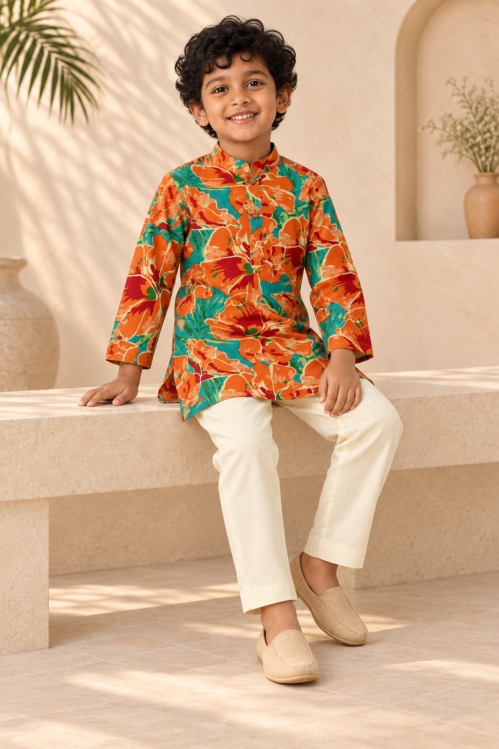 Orange Floral Cotton Kurta Pyjama Set