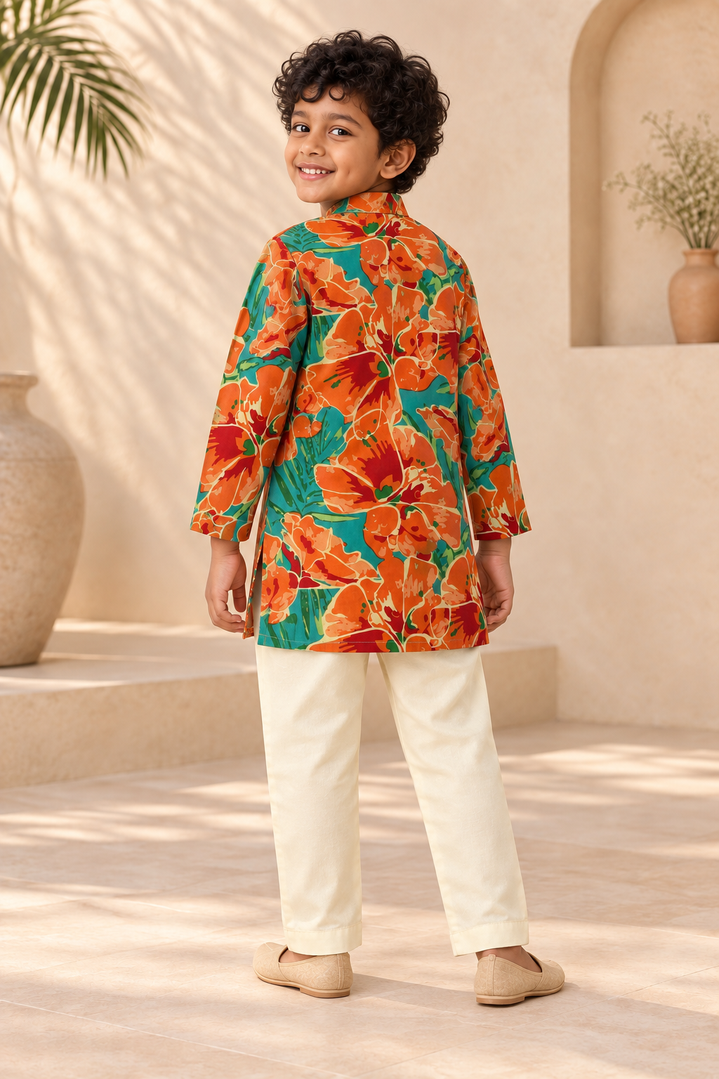 Orange Floral Cotton Kurta Pyjama Set