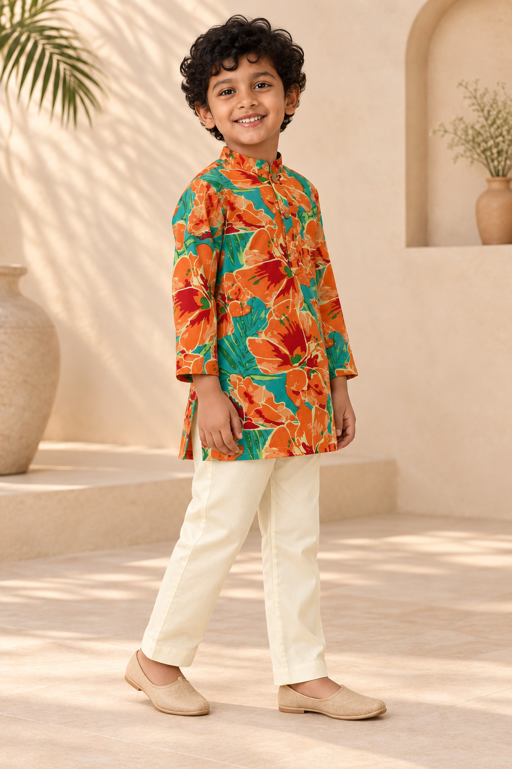 Orange Floral Cotton Kurta Pyjama Set