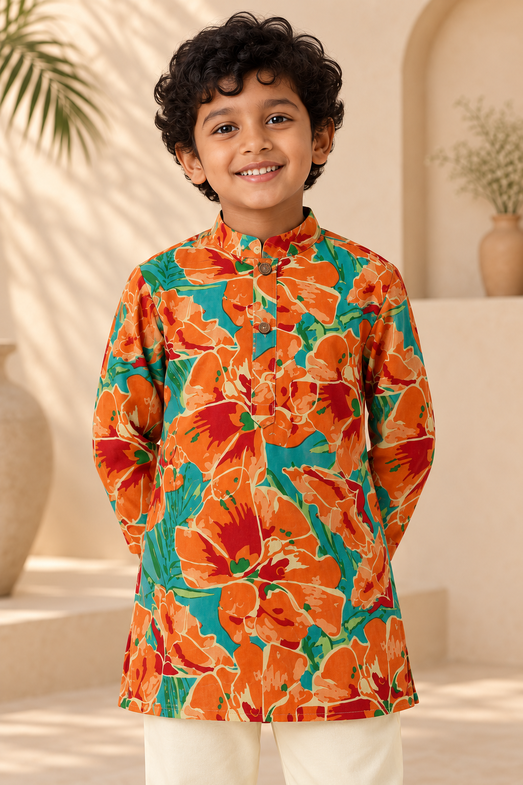 Orange Floral Cotton Kurta Pyjama Set