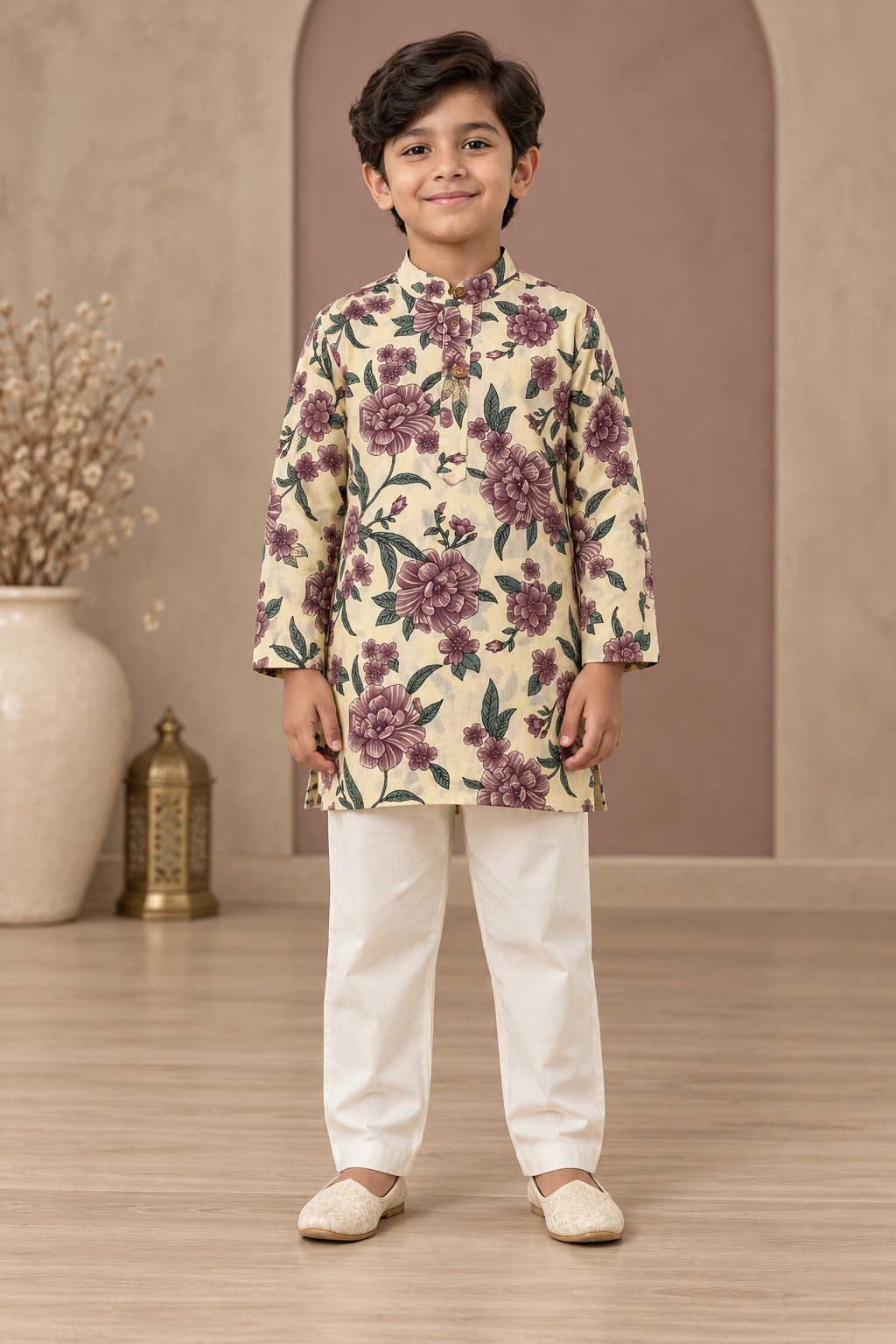 Ivory Floral Cotton Kurta Pyjama Set