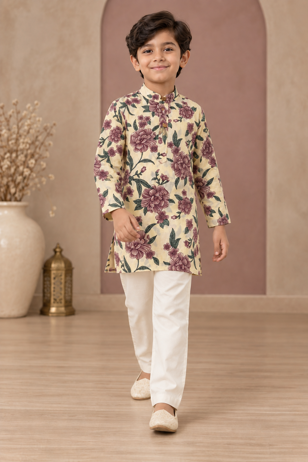 Ivory Floral Cotton Kurta Pyjama Set