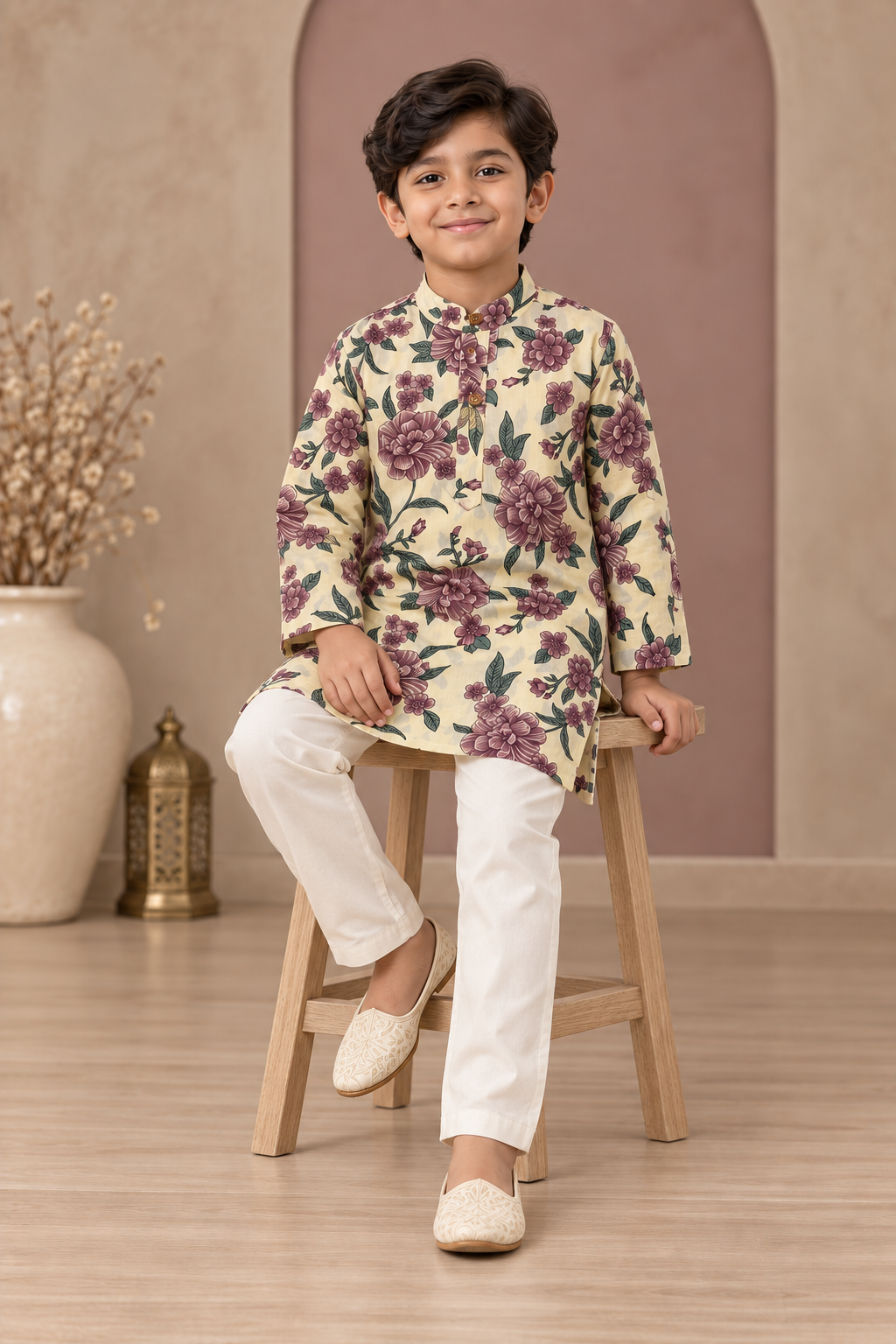 Ivory Floral Cotton Kurta Pyjama Set