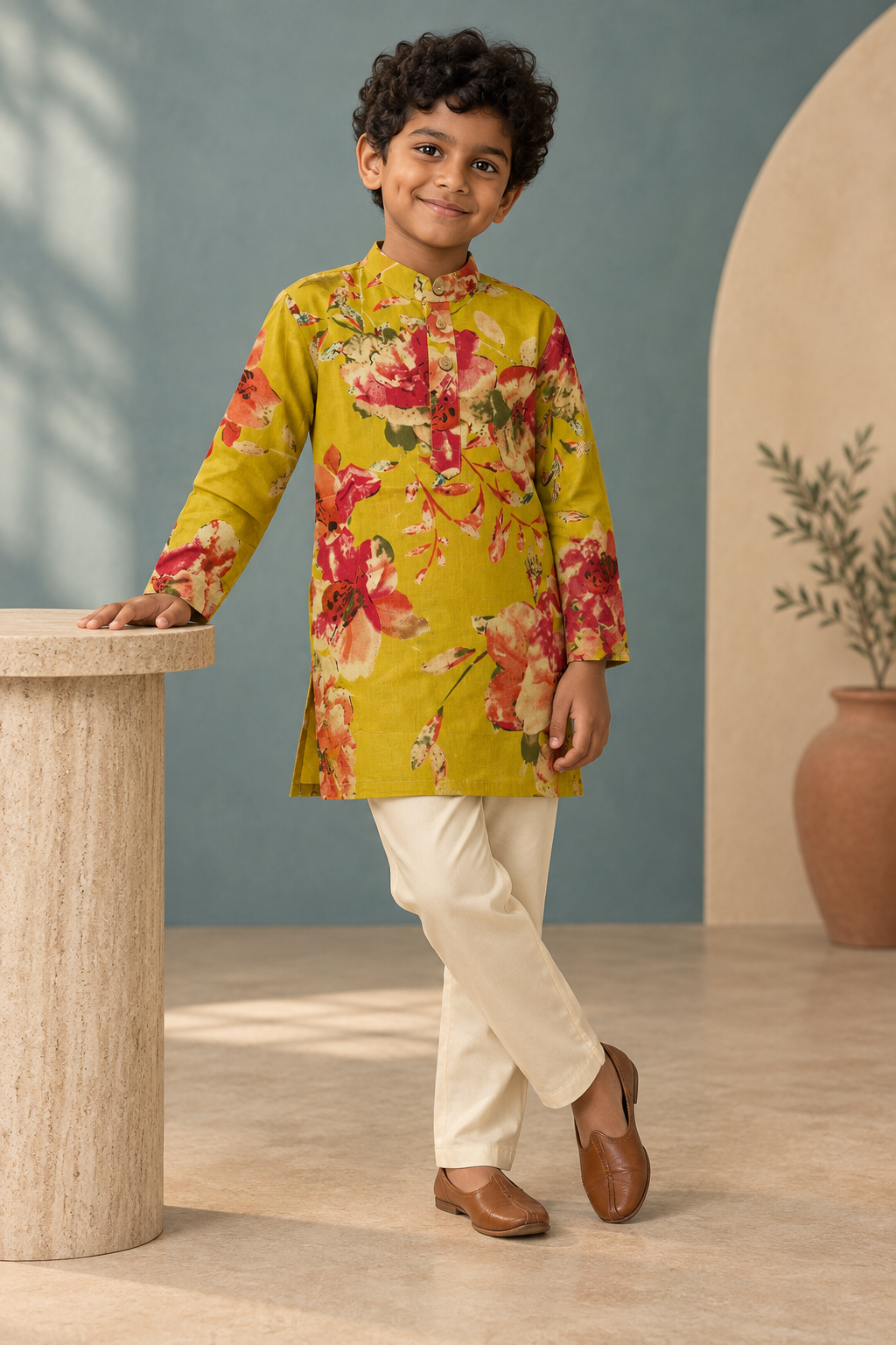 Mustard Floral Cotton Kurta Pyjama Set