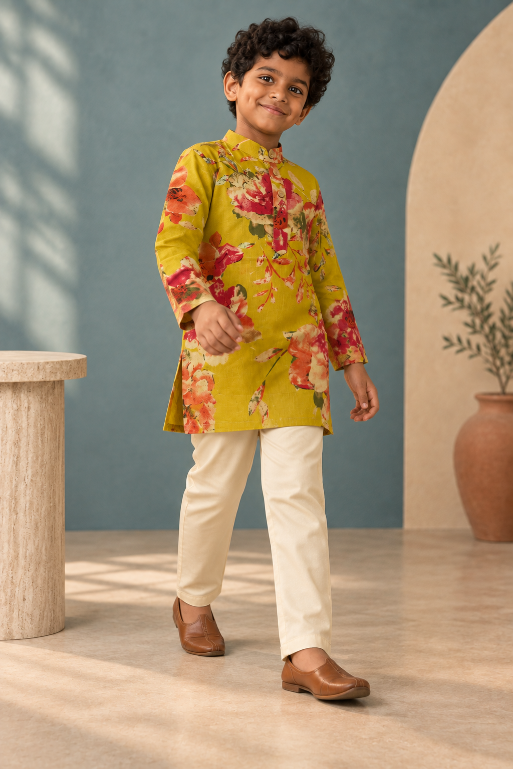 Mustard Floral Cotton Kurta Pyjama Set