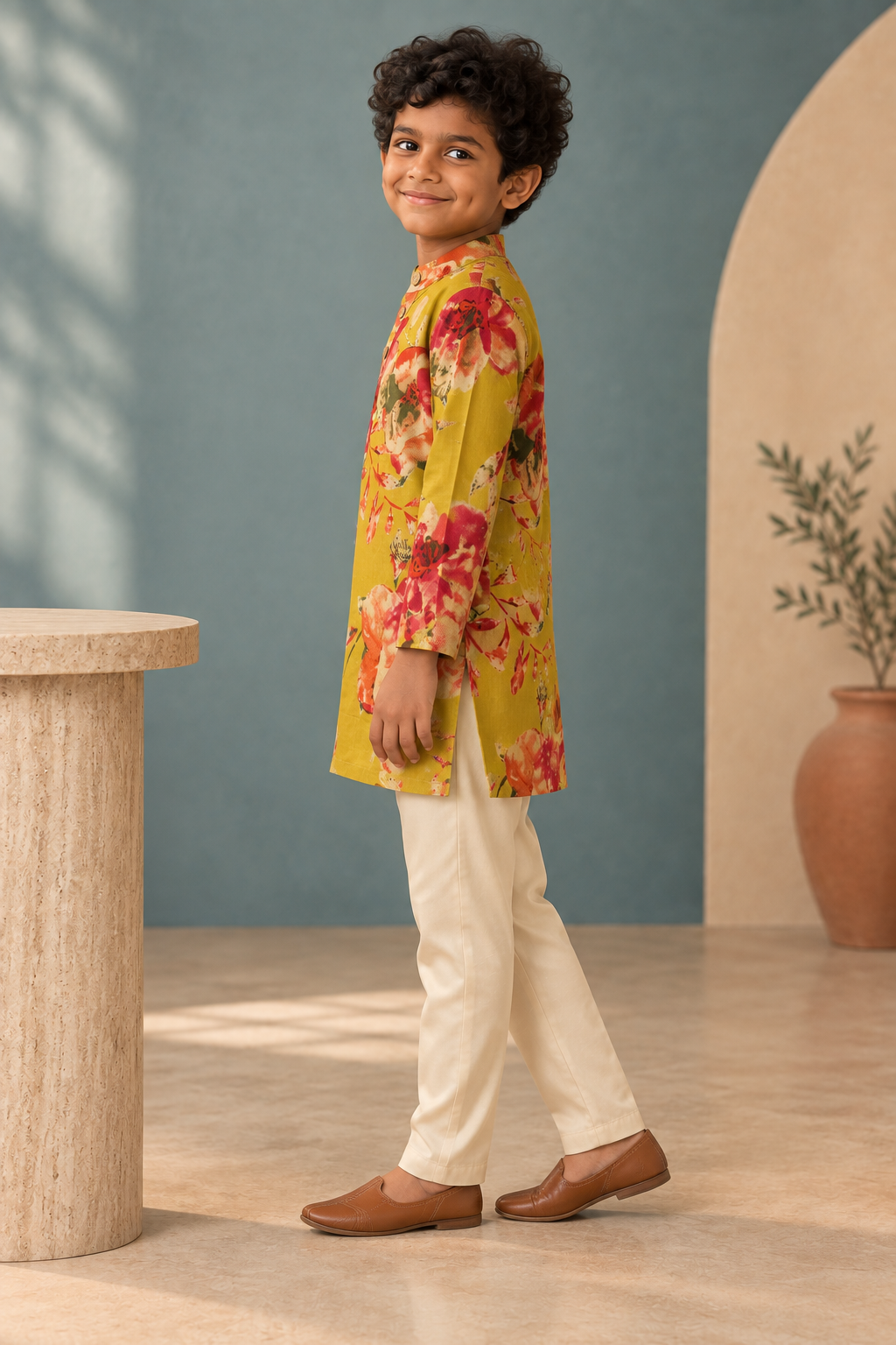 Mustard Floral Cotton Kurta Pyjama Set