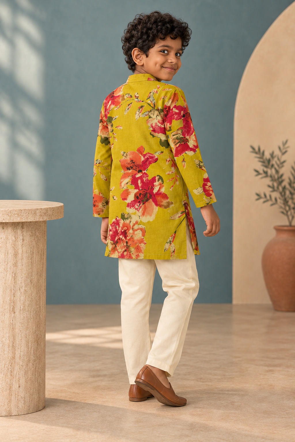 Mustard Floral Cotton Kurta Pyjama Set