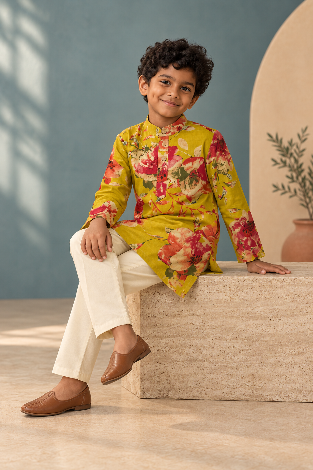 Mustard Floral Cotton Kurta Pyjama Set