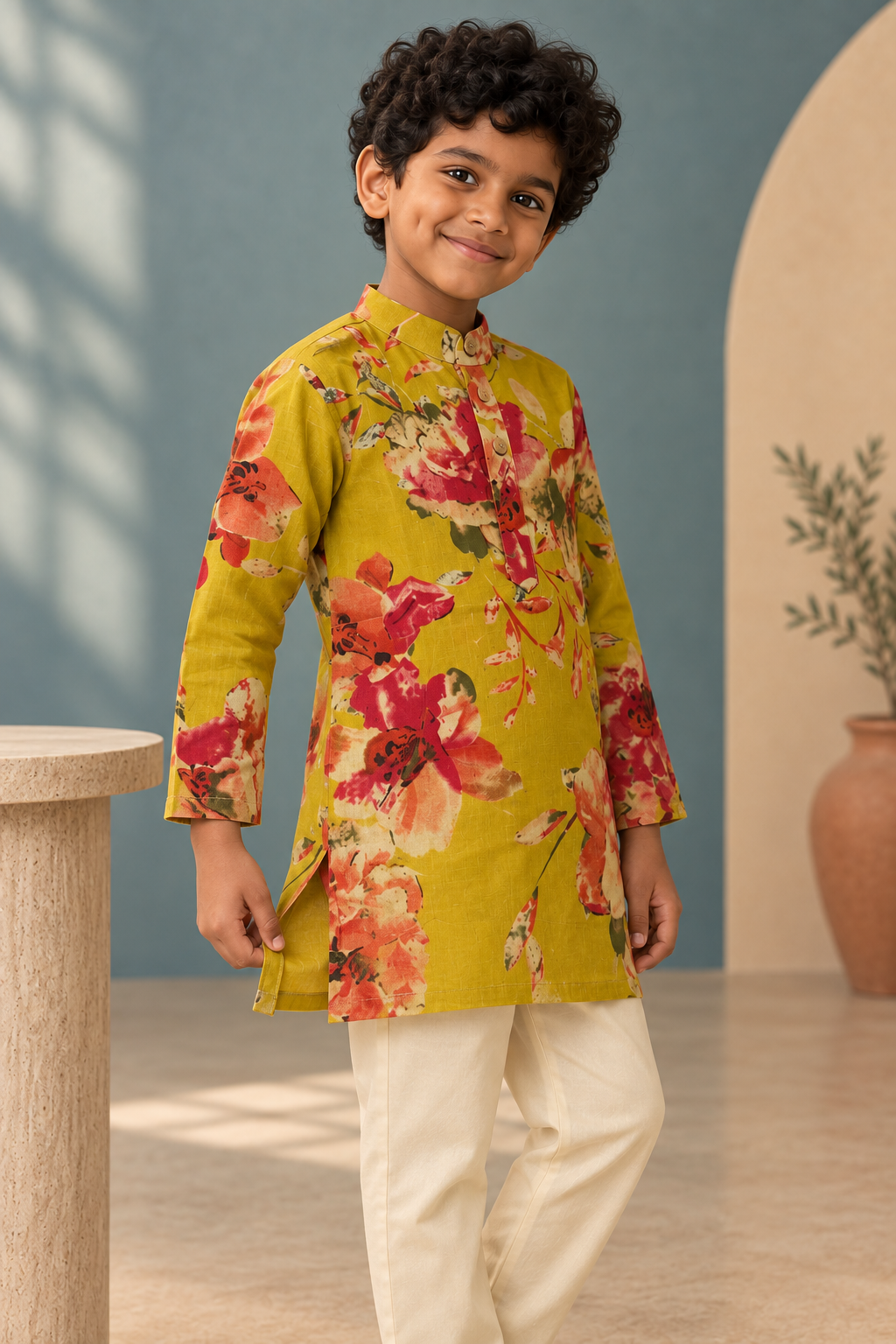 Mustard Floral Cotton Kurta Pyjama Set