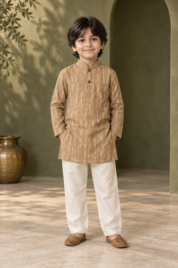 Beige Textured Cotton Kurta Pyjama Set