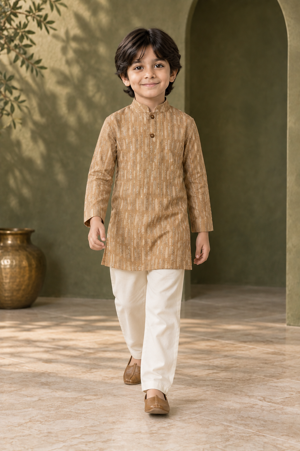 Beige Textured Cotton Kurta Pyjama Set