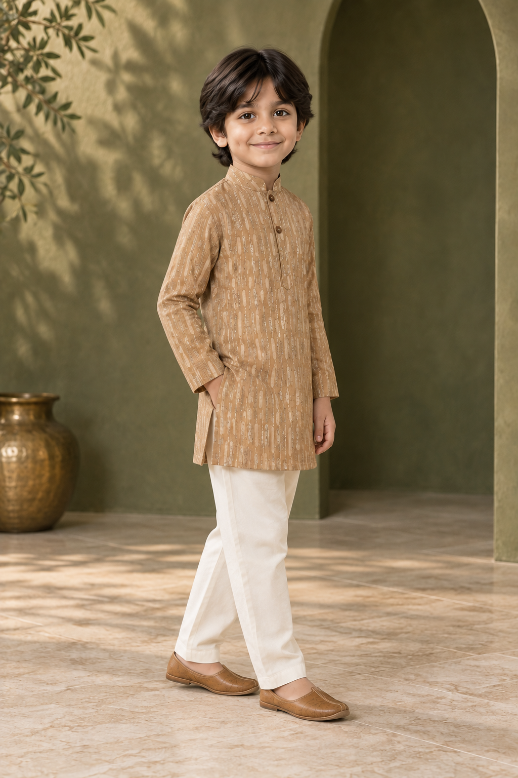 Beige Textured Cotton Kurta Pyjama Set