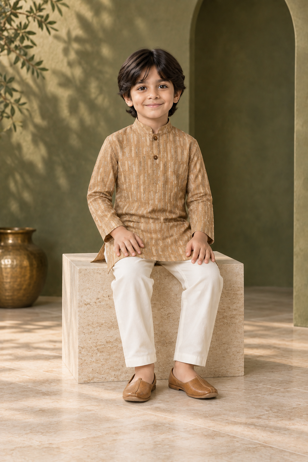 Beige Textured Cotton Kurta Pyjama Set