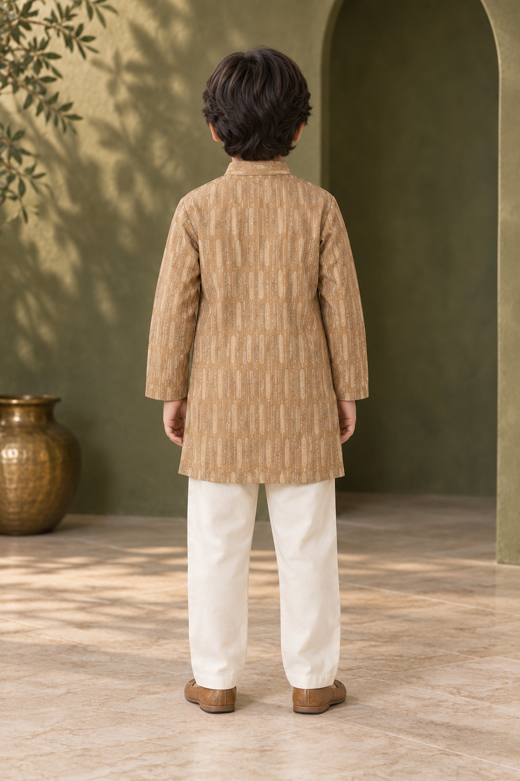 Beige Textured Cotton Kurta Pyjama Set