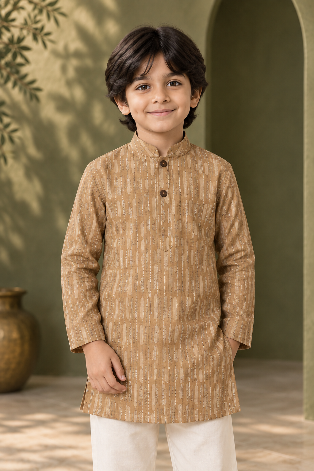 Beige Textured Cotton Kurta Pyjama Set