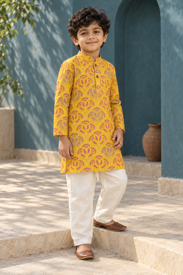 Yellow Printed Cotton Kurta Pyjama Set