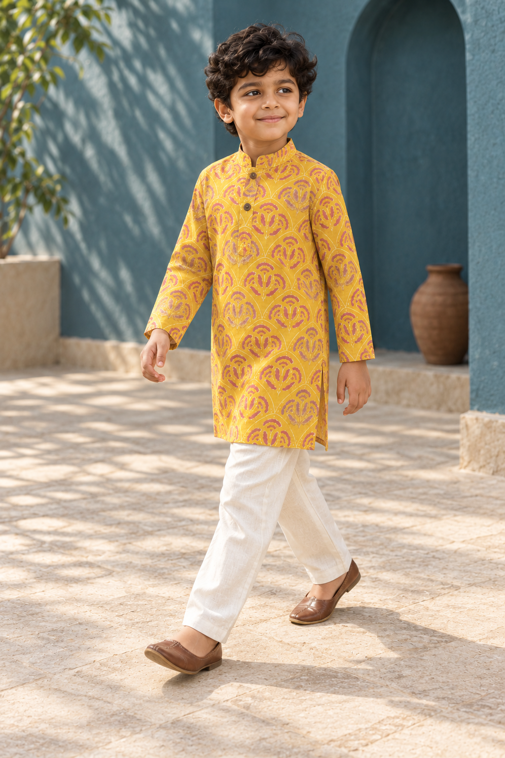 Yellow Printed Cotton Kurta Pyjama Set