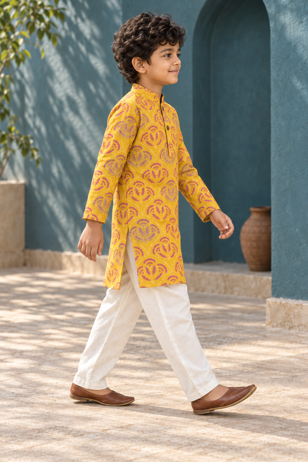 Yellow Printed Cotton Kurta Pyjama Set