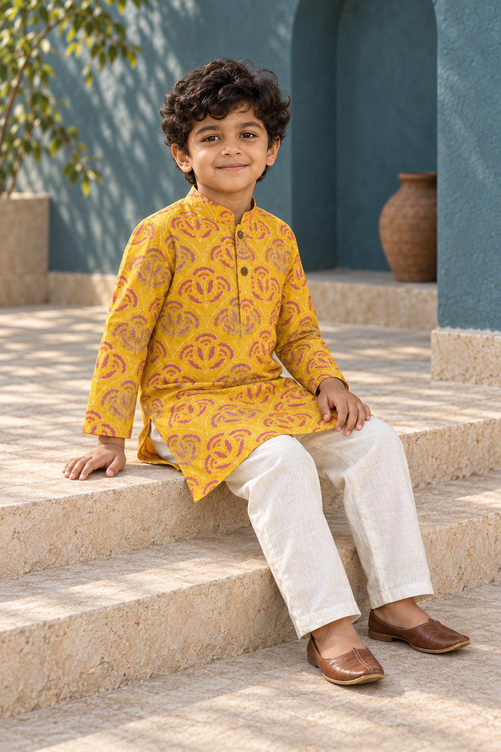 Yellow Printed Cotton Kurta Pyjama Set