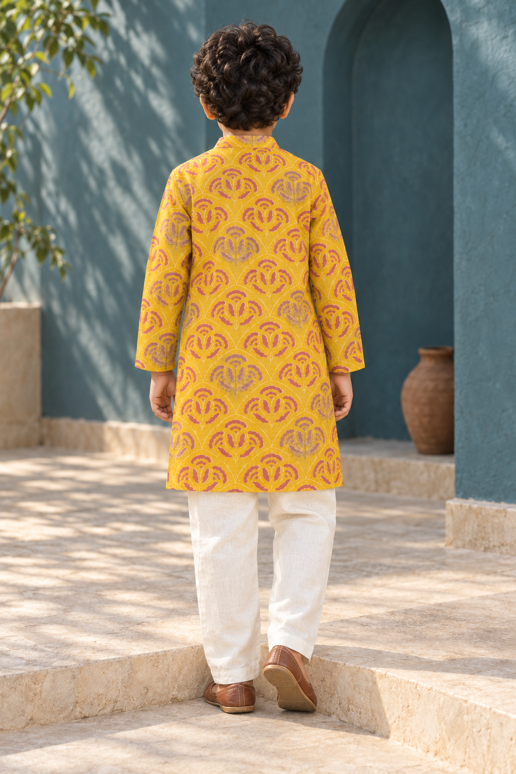 Yellow Printed Cotton Kurta Pyjama Set