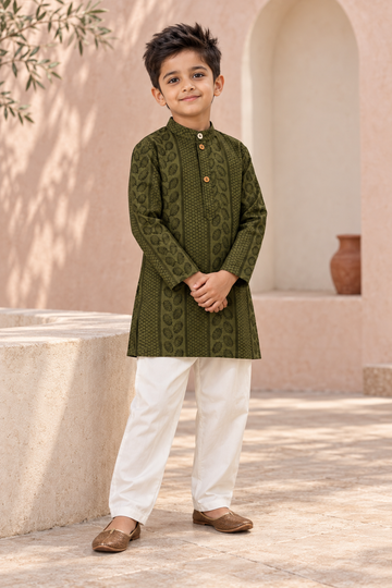 Olive Green Textured Cotton Kurta Pyjama Set