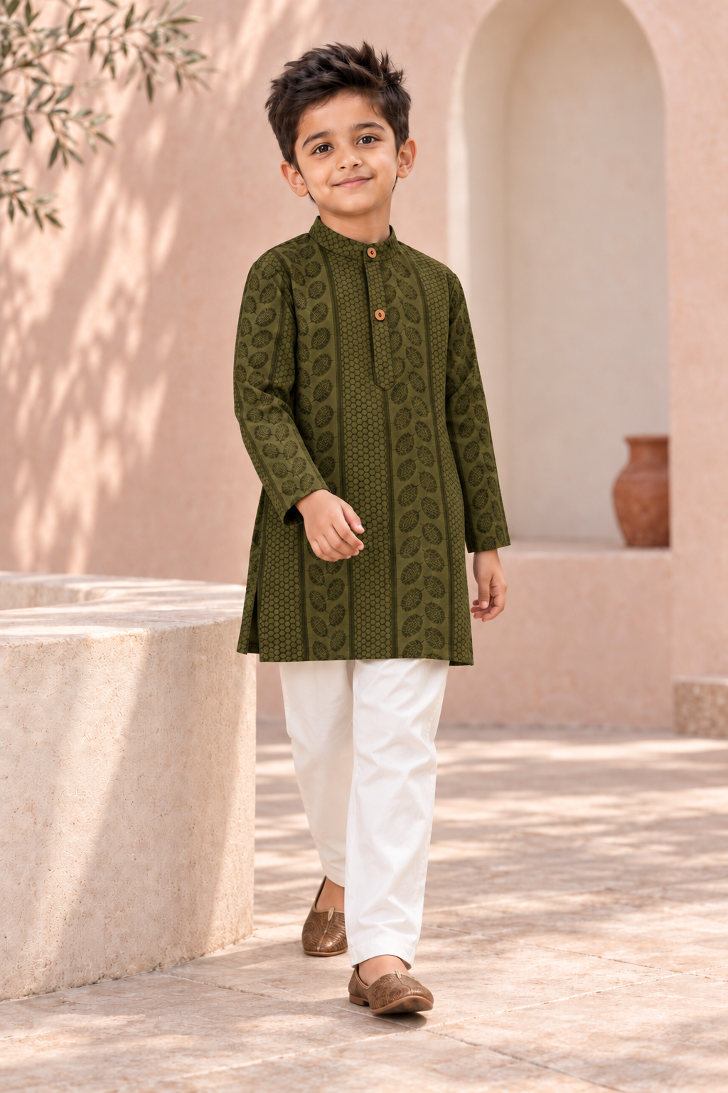 Olive Green Textured Cotton Kurta Pyjama Set
