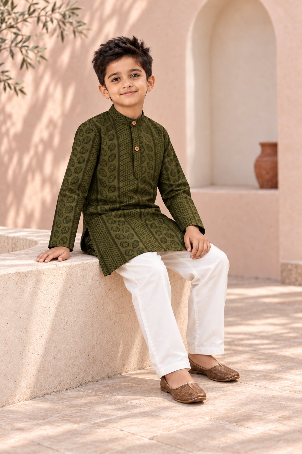 Olive Green Textured Cotton Kurta Pyjama Set