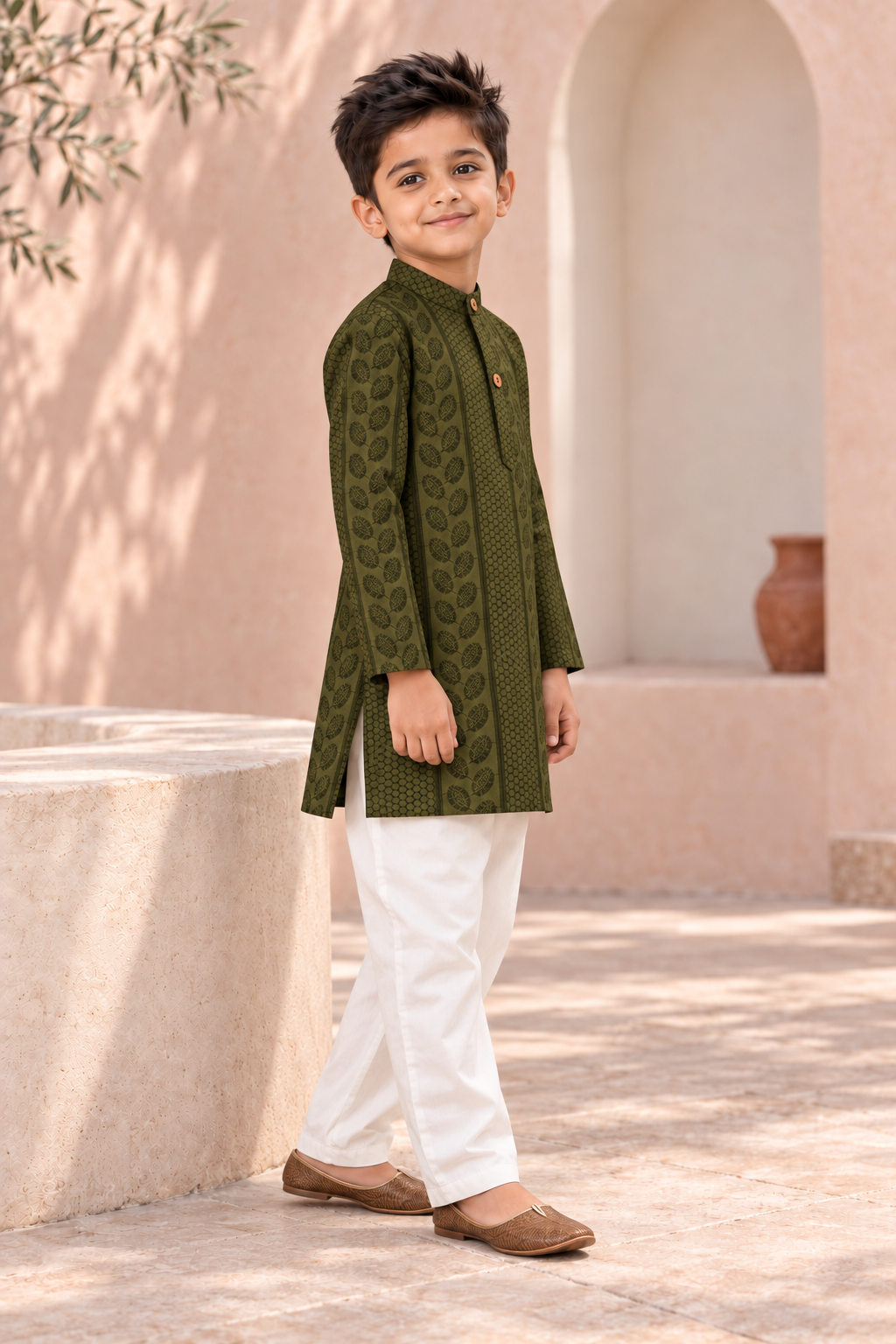 Olive Green Textured Cotton Kurta Pyjama Set