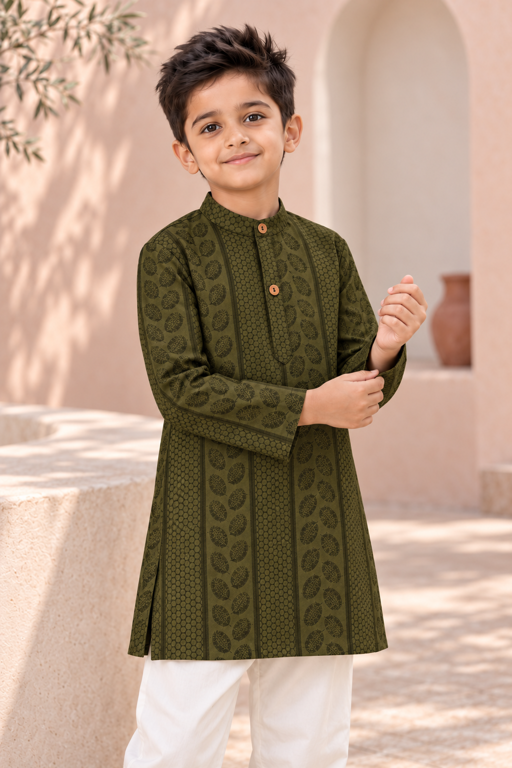 Olive Green Textured Cotton Kurta Pyjama Set