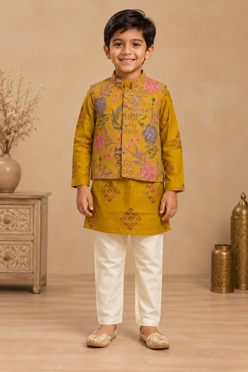 Kesariya Gulmohar Boys Kurta Jacket Set