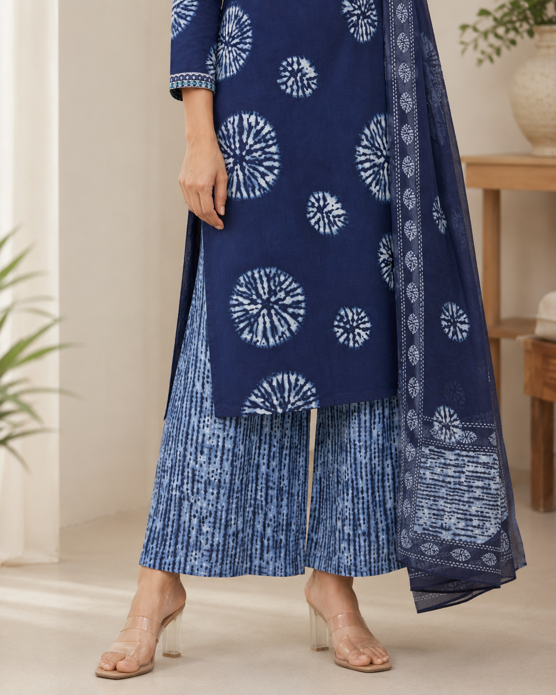 Indigo Shibori Print Kurta Palazzo Dupatta Set